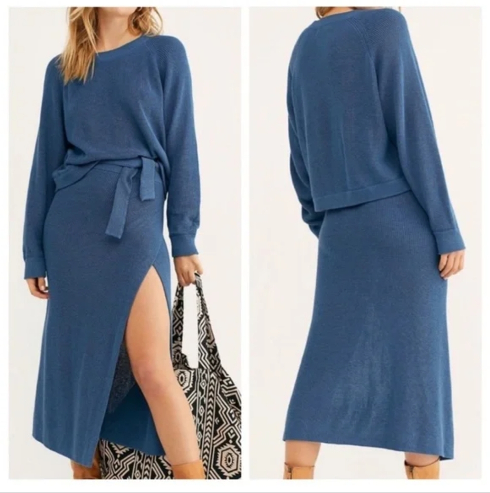Free People Beach cover up Eyes on You Blue Wrap Knit tie Skirt size Small